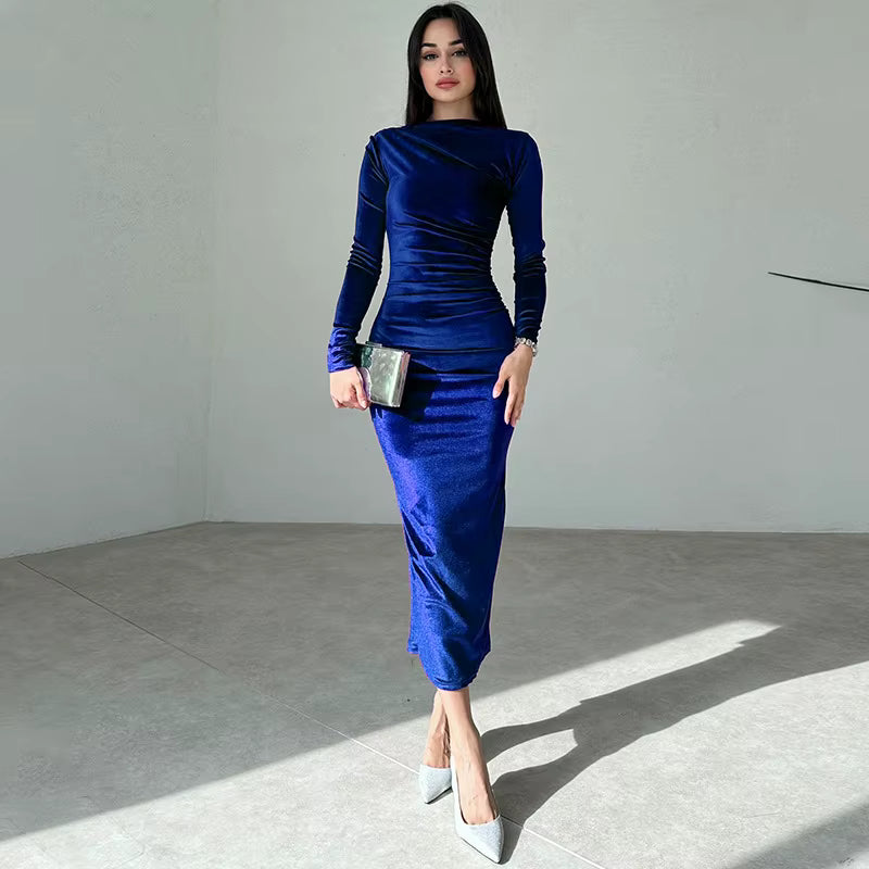 Elegant Ruched Mid-Calf Velvet synthetic fiber Long Sleeve Midi Dress