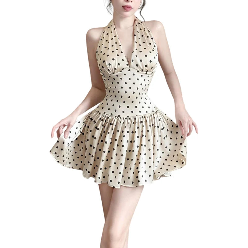 Elegant Ruched Polka Dots Print Halter Off Shoulder Backless Ruffles Mini Dress
