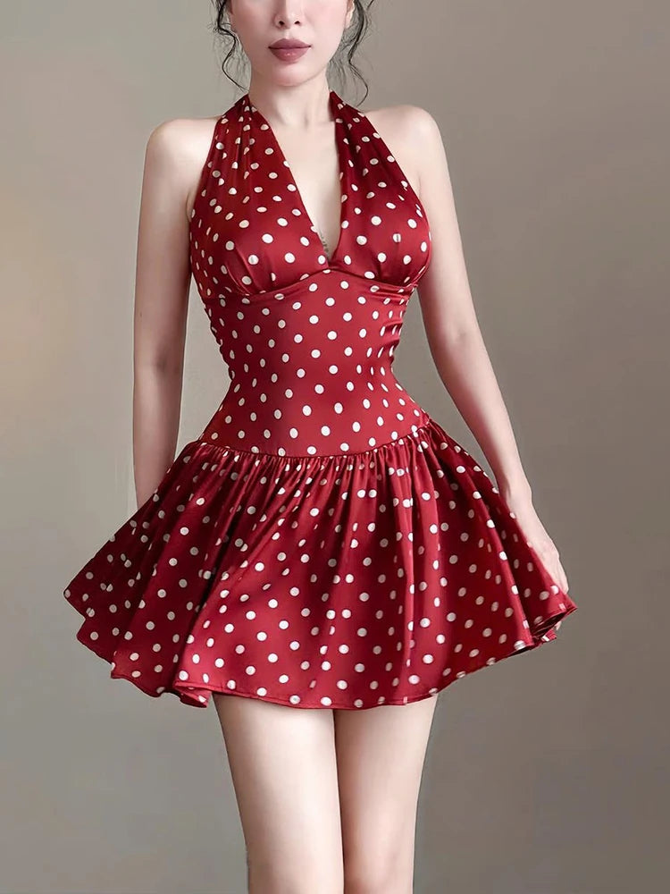 Elegant Ruched Polka Dots Print Halter Off Shoulder Backless Ruffles Mini Dress