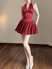 Elegant Ruched Polka Dots Print Halter Off Shoulder Backless Ruffles Mini Dress