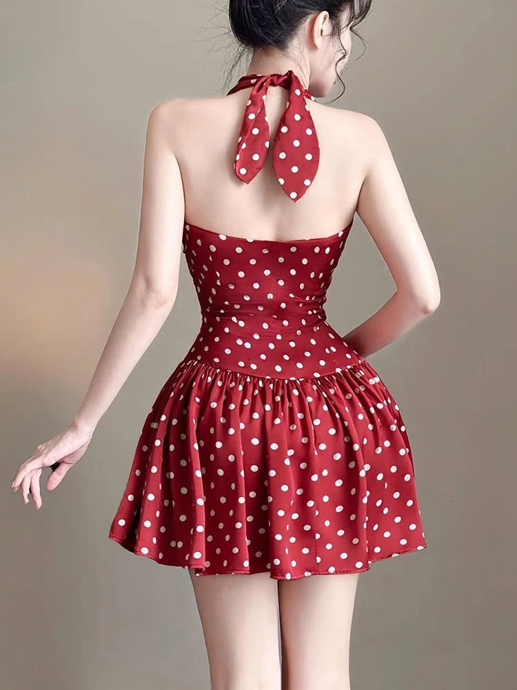 Elegant Ruched Polka Dots Print Halter Off Shoulder Backless Ruffles Mini Dress