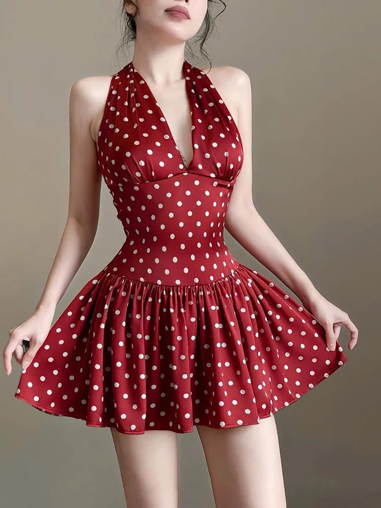 Elegant Ruched Polka Dots Print Halter Off Shoulder Backless Ruffles Mini Dress