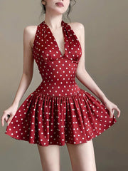 Elegant Ruched Polka Dots Print Halter Off Shoulder Backless Ruffles Mini Dress