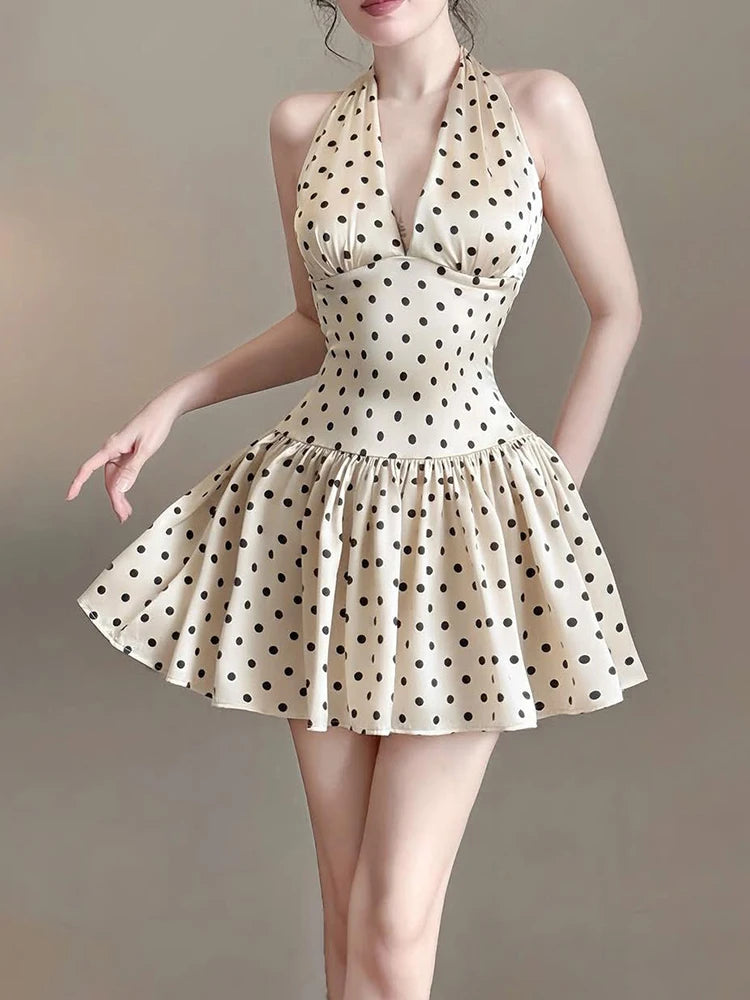 Elegant Ruched Polka Dots Print Halter Off Shoulder Backless Ruffles Mini Dress