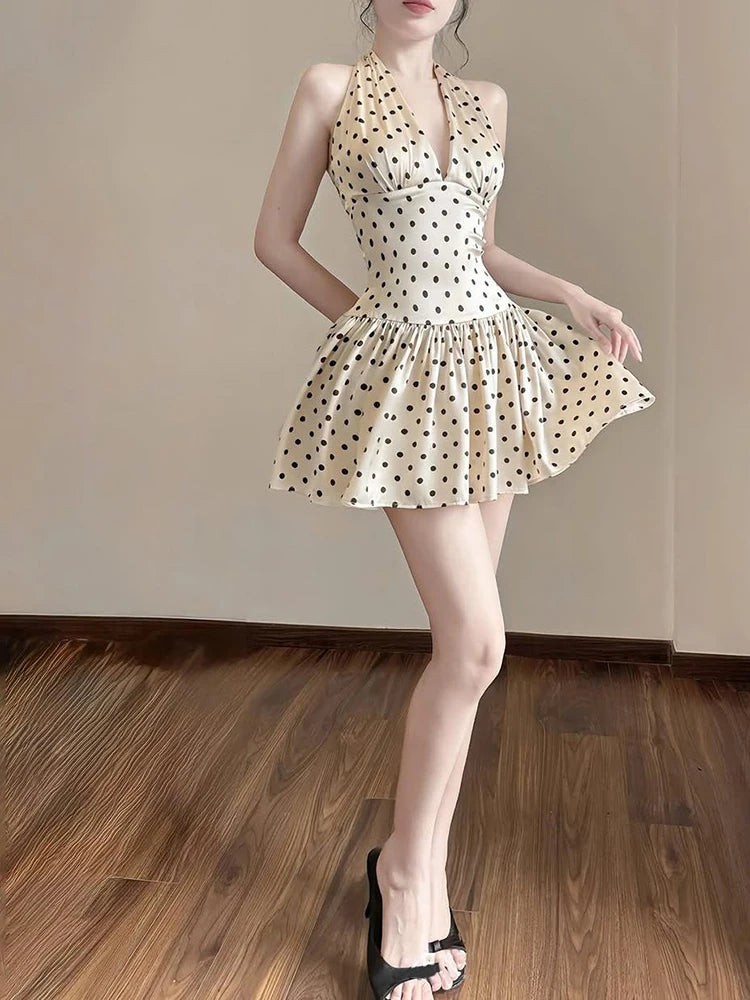 Elegant Ruched Polka Dots Print Halter Off Shoulder Backless Ruffles Mini Dress