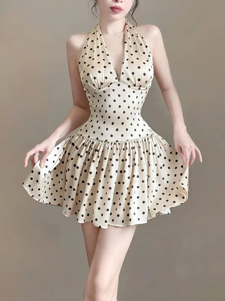 Elegant Ruched Polka Dots Print Halter Off Shoulder Backless Ruffles Mini Dress