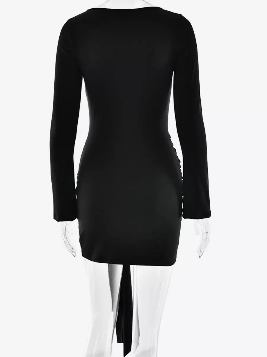 Elegant Ruched Waist Tie Long Sleeve Bodycon Dress