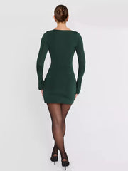 Elegant Ruched Waist Tie Long Sleeve Bodycon Dress