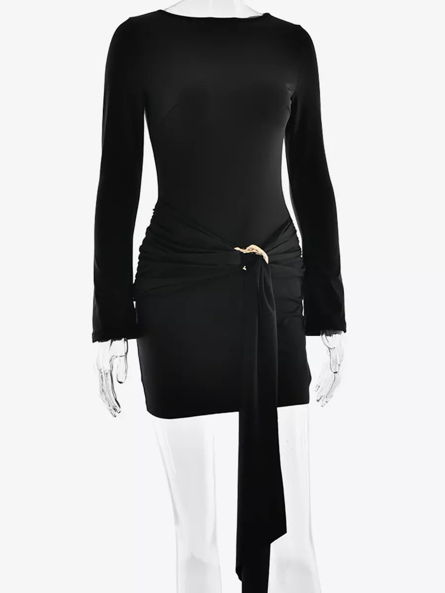 Elegant Ruched Waist Tie Long Sleeve Bodycon Dress
