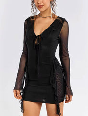 Elegant Ruffle Cut Out Long Sleeve Deep V-Neck Tie Up Mesh Mini Dress