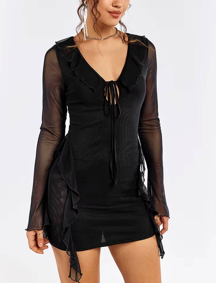 Elegant Ruffle Cut Out Long Sleeve Deep V-Neck Tie Up Mesh Mini Dress