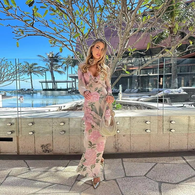 Elegant Ruffle Deep V-Neck Floral Print Bodycon Maxi Dress
