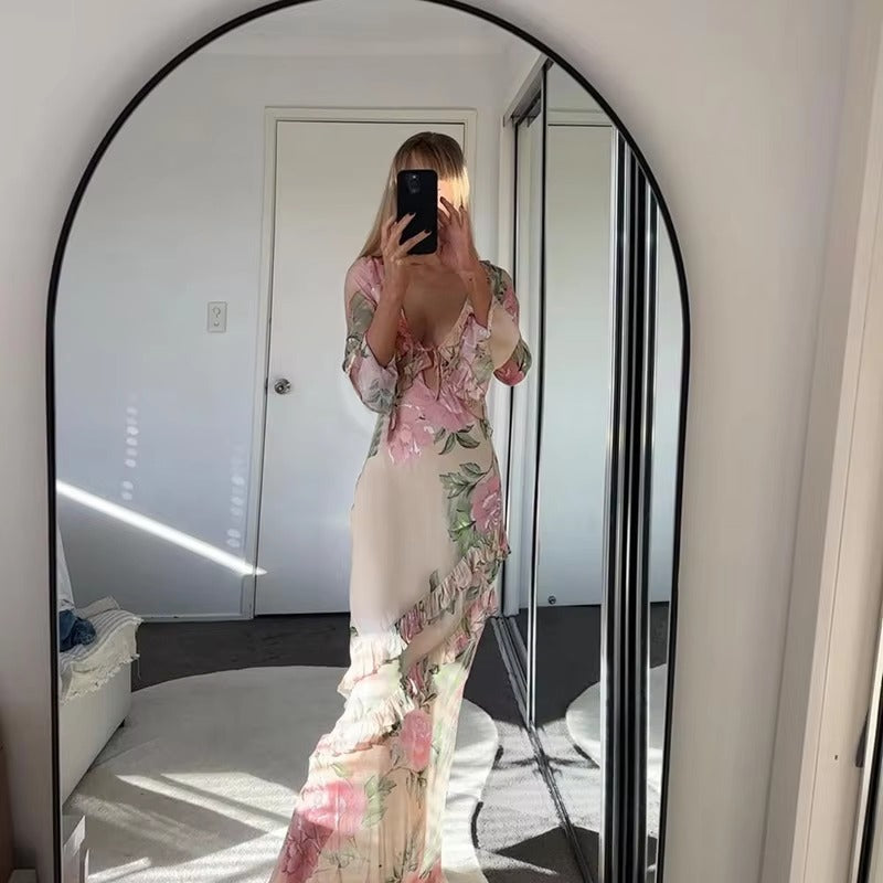 Elegant Ruffle Deep V-Neck Floral Print Bodycon Maxi Dress