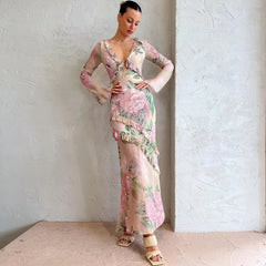 Elegant Ruffle Deep V-Neck Floral Print Bodycon Maxi Dress