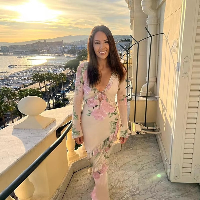 Elegant Ruffle Deep V-Neck Floral Print Bodycon Maxi Dress