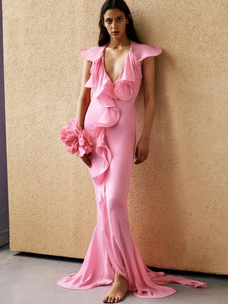 Elegant Ruffle Draped Sleeveless Irregular Ruffles Flower Design Maxi Dress