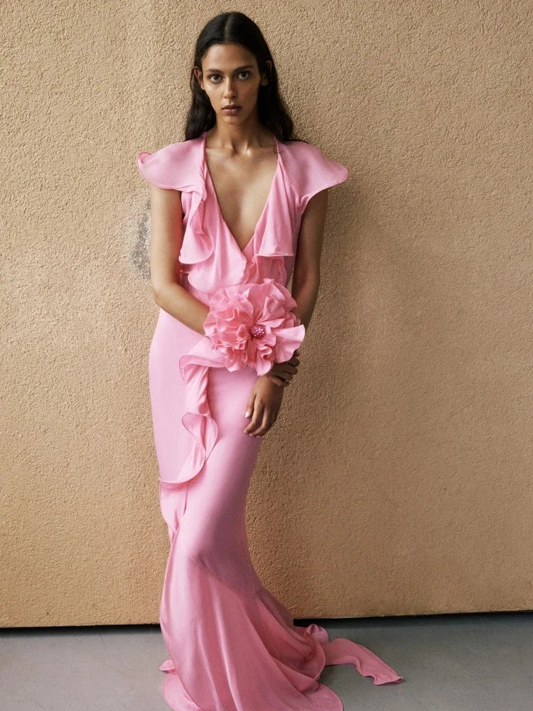 Elegant Ruffle Draped Sleeveless Irregular Ruffles Flower Design Maxi Dress