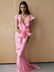 Elegant Ruffle Draped Sleeveless Irregular Ruffles Flower Design Maxi Dress