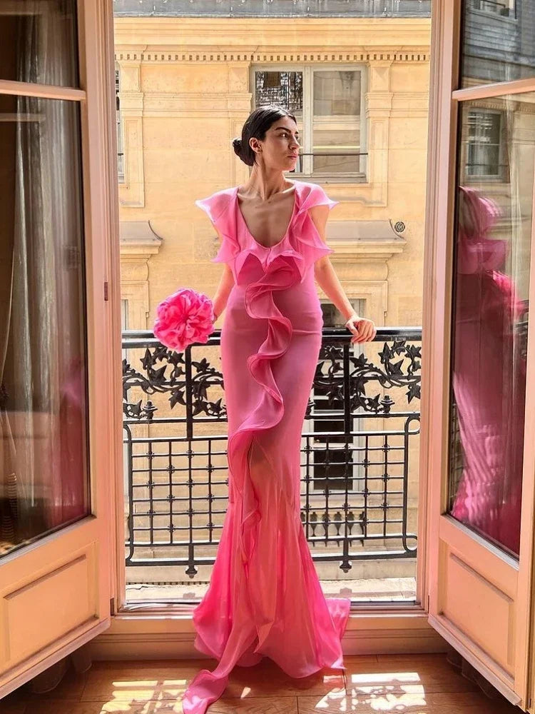 Elegant Ruffle Draped Sleeveless Irregular Ruffles Flower Design Maxi Dress