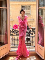 Elegant Ruffle Draped Sleeveless Irregular Ruffles Flower Design Maxi Dress