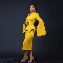 Elegant Ruffle Flare Sleeve Back Zipper Split Slim Pencil Midi Dress