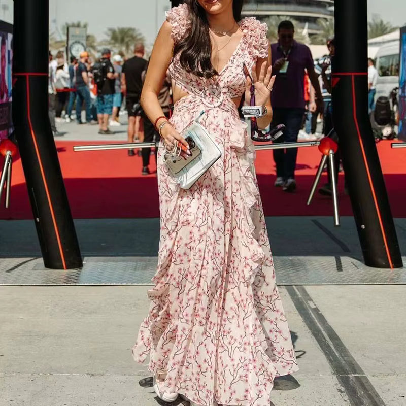 Elegant Ruffle Floral Printed Hollow Out Deep V-neck High Waist Split Maxi Dress