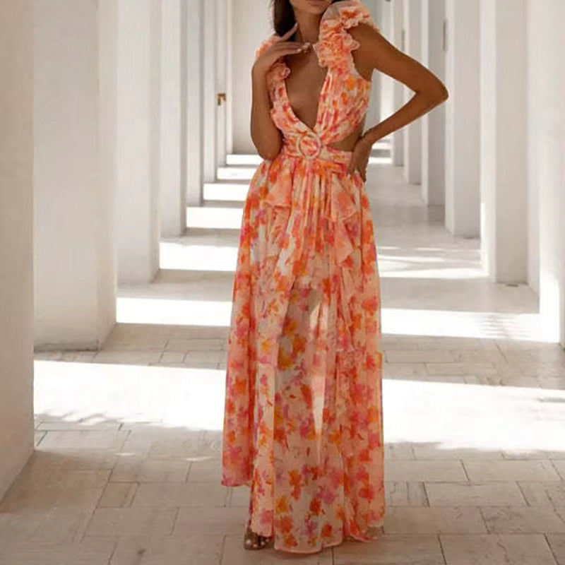 Elegant Ruffle Floral Printed Hollow Out Deep V-neck High Waist Split Maxi Dress