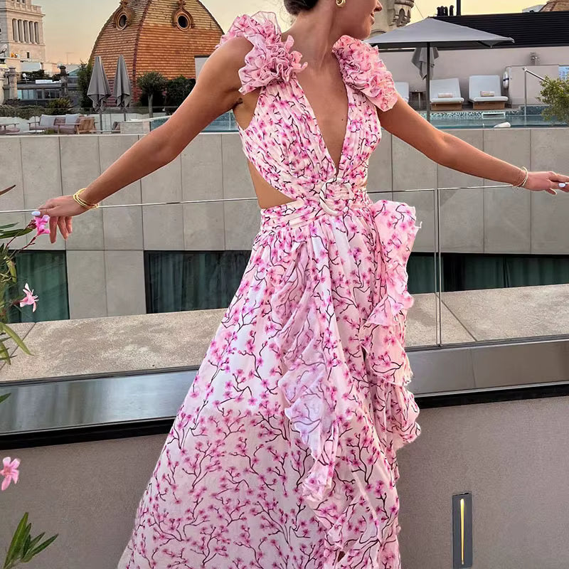 Elegant Ruffle Floral Printed Hollow Out Deep V-neck High Waist Split Maxi Dress