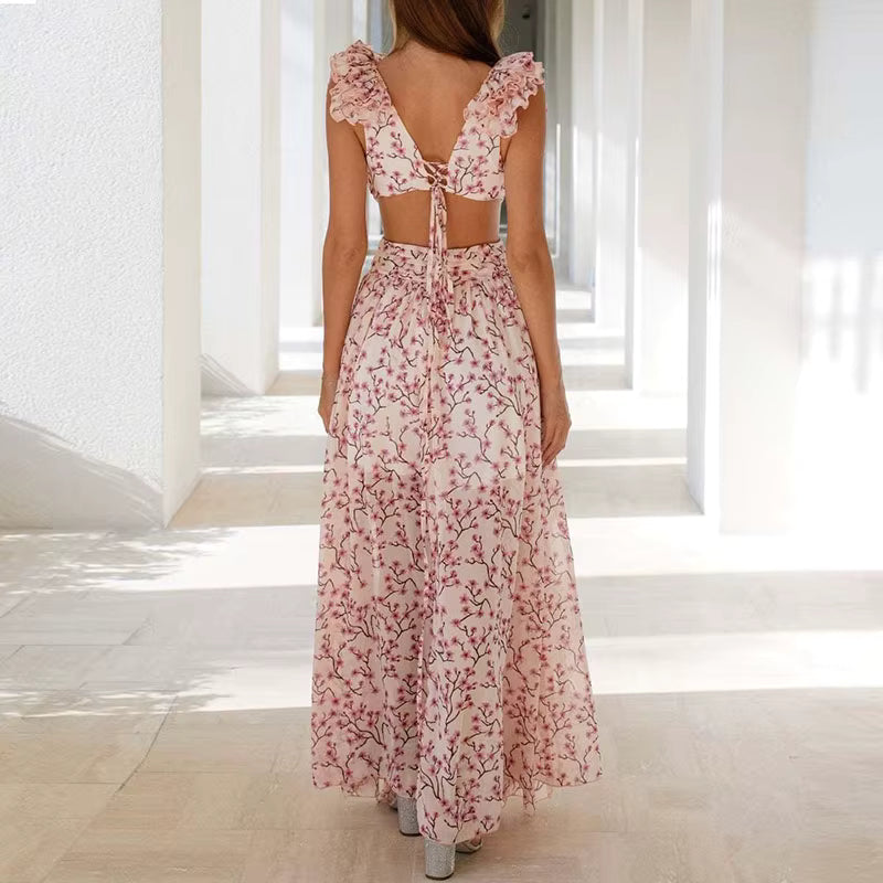 Elegant Ruffle Floral Printed Hollow Out Deep V-neck High Waist Split Maxi Dress