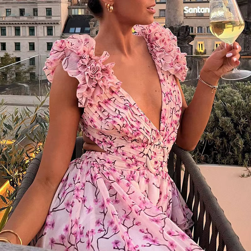 Elegant Ruffle Floral Printed Hollow Out Deep V-neck High Waist Split Maxi Dress