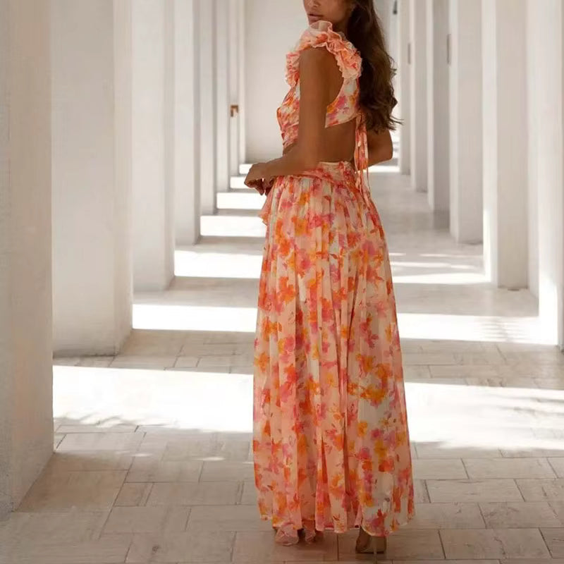 Elegant Ruffle Floral Printed Hollow Out Deep V-neck High Waist Split Maxi Dress