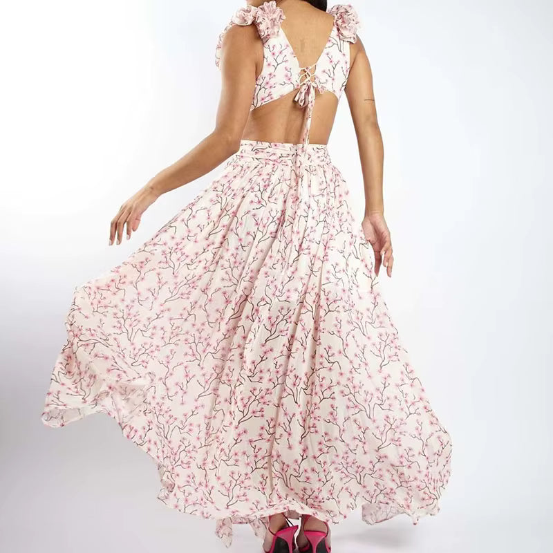 Elegant Ruffle Floral Printed Hollow Out Deep V-neck High Waist Split Maxi Dress