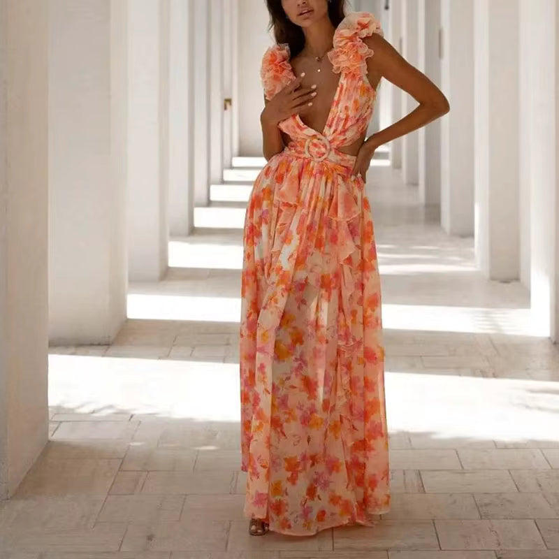 Elegant Ruffle Floral Printed Hollow Out Deep V-neck High Waist Split Maxi Dress