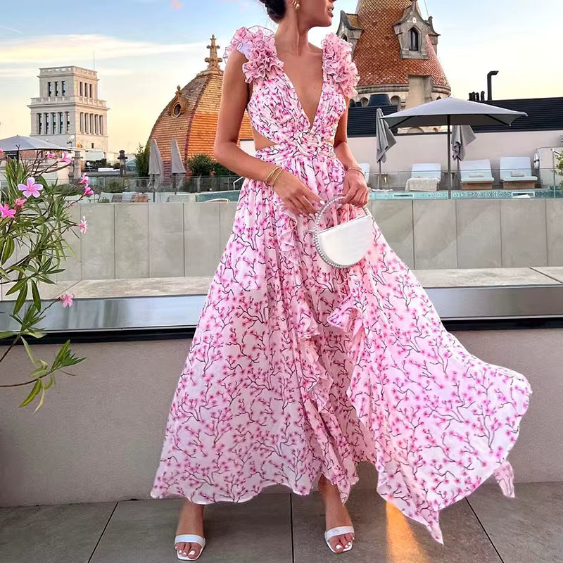 Elegant Ruffle Floral Printed Hollow Out Deep V-neck High Waist Split Maxi Dress