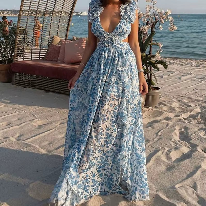 Elegant Ruffle Floral Printed Hollow Out Deep V-neck High Waist Split Maxi Dress