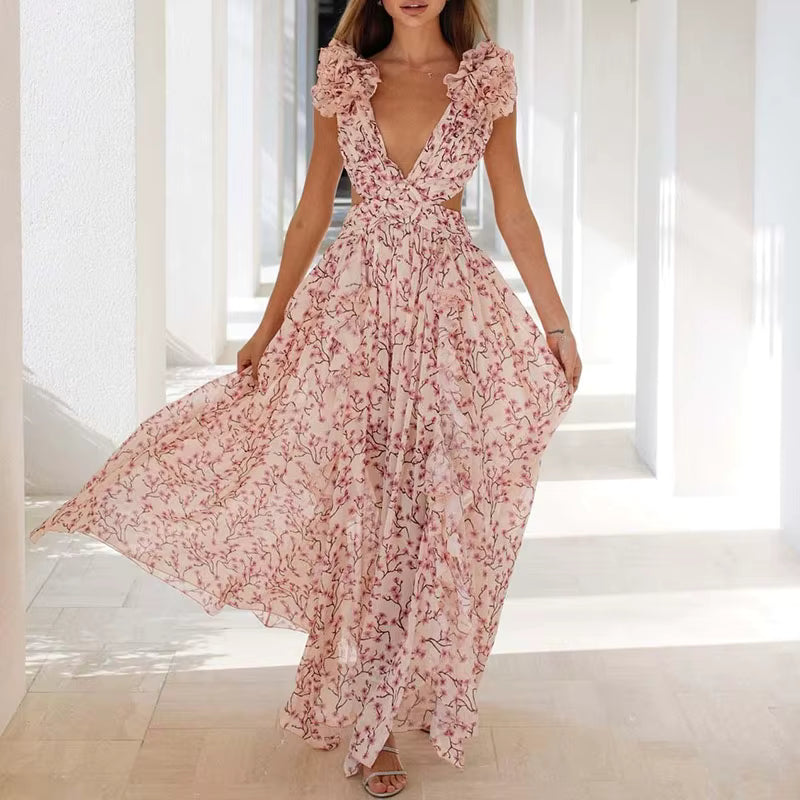 Elegant Ruffle Floral Printed Hollow Out Deep V-neck High Waist Split Maxi Dress