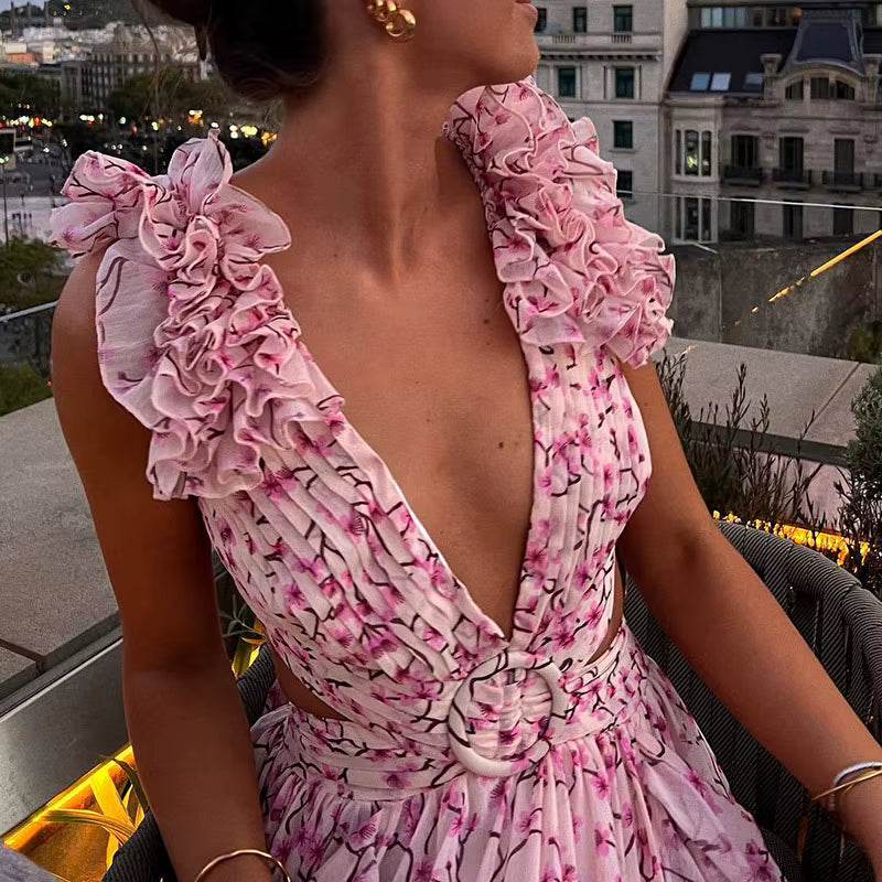 Elegant Ruffle Floral Printed Hollow Out Deep V-neck High Waist Split Maxi Dress