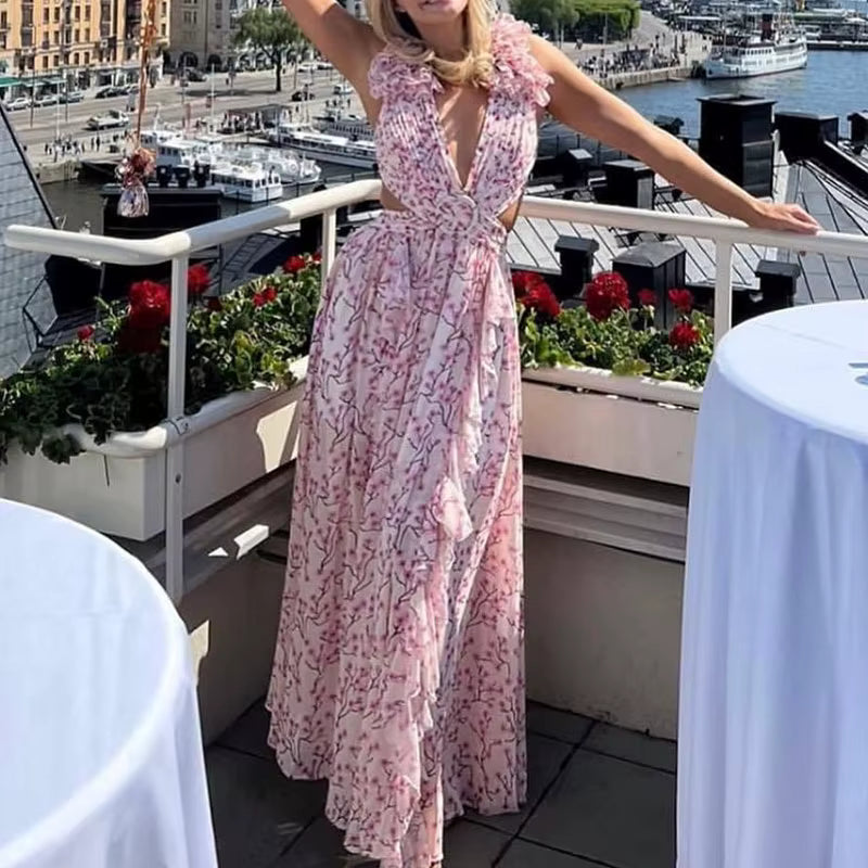 Elegant Ruffle Floral Printed Hollow Out Deep V-neck High Waist Split Maxi Dress