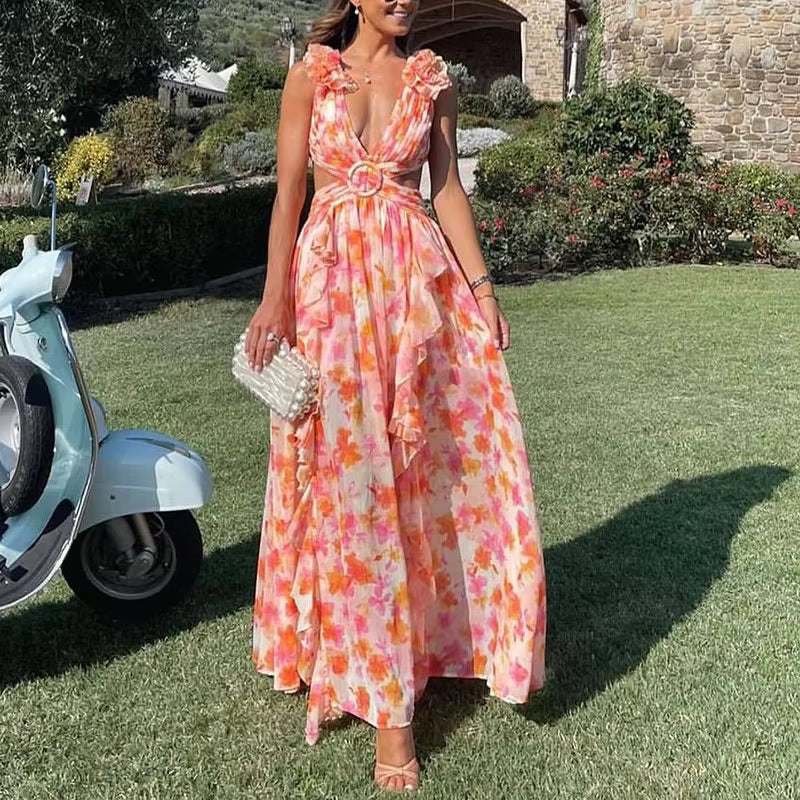 Elegant Ruffle Floral Printed Hollow Out Deep V-neck High Waist Split Maxi Dress