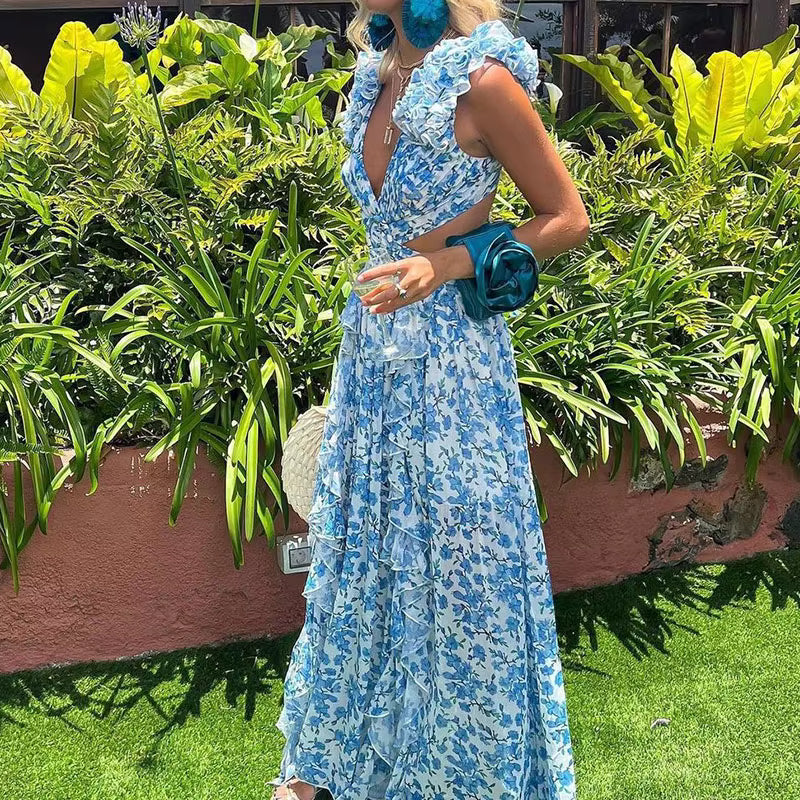 Elegant Ruffle Floral Printed Hollow Out Deep V-neck High Waist Split Maxi Dress