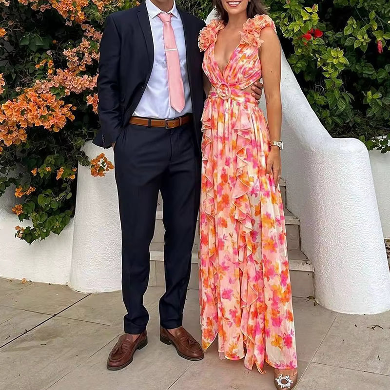Elegant Ruffle Floral Printed Hollow Out Deep V-neck High Waist Split Maxi Dress