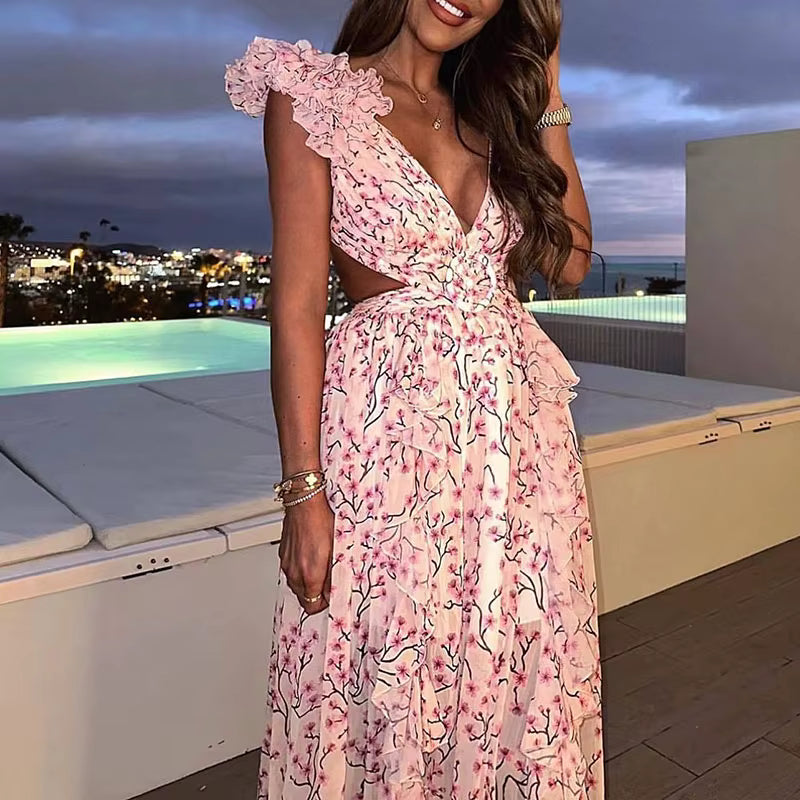 Elegant Ruffle Floral Printed Hollow Out Deep V-neck High Waist Split Maxi Dress