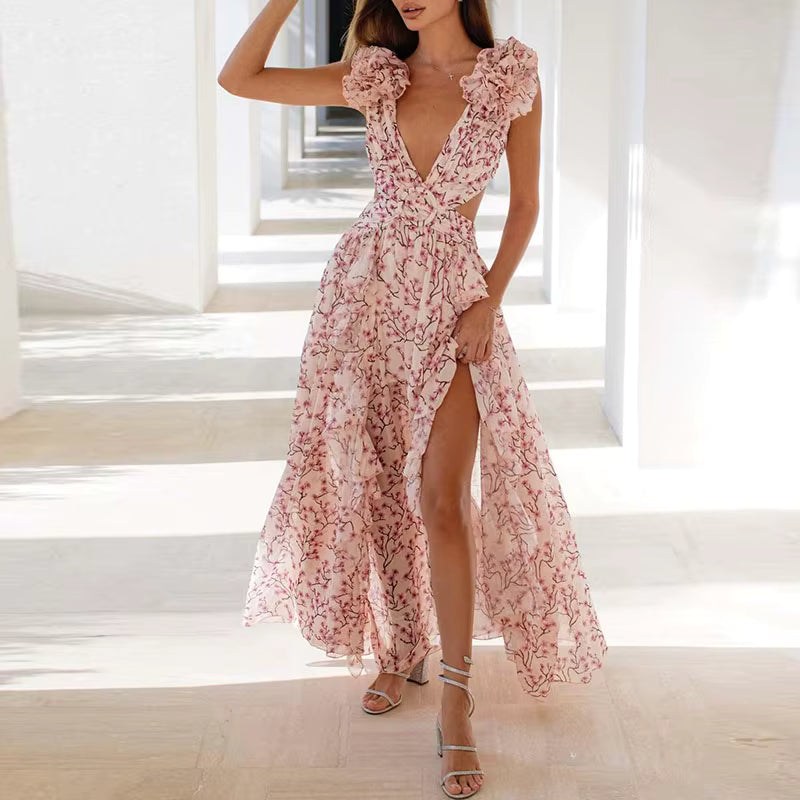 Elegant Ruffle Floral Printed Hollow Out Deep V-neck High Waist Split Maxi Dress
