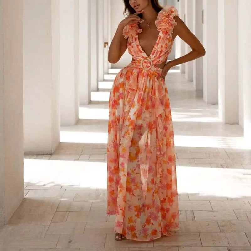 Elegant Ruffle Floral Printed Hollow Out Deep V-neck High Waist Split Maxi Dress