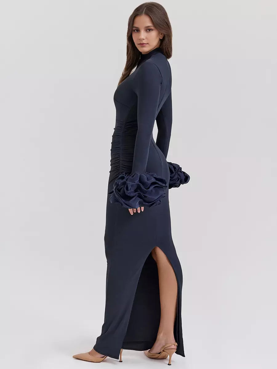 Elegant Ruffle Long Sleeve High Neck Pleated Slit Bodycon Long Dress