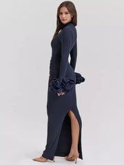 Elegant Ruffle Long Sleeve High Neck Pleated Slit Bodycon Long Dress