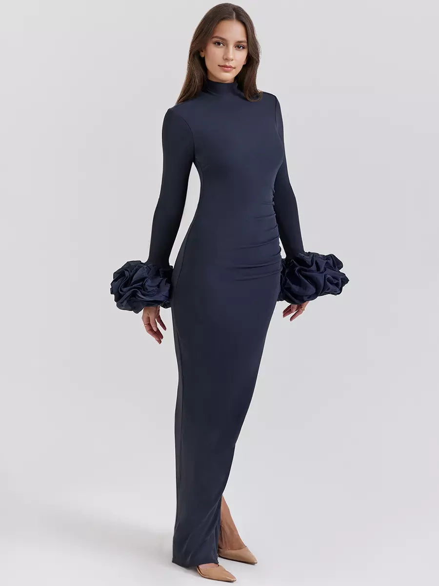 Elegant Ruffle Long Sleeve High Neck Pleated Slit Bodycon Long Dress