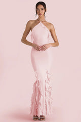 Elegant Ruffle Off Shoulder Backless Split Evening Party Maxi Dress
