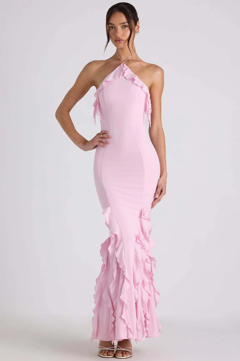 Elegant Ruffle Off Shoulder Backless Split Evening Party Maxi Dress