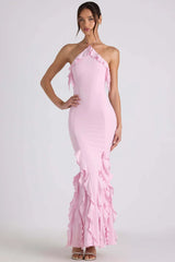 Elegant Ruffle Off Shoulder Backless Split Evening Party Maxi Dress